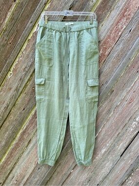 Nicole Miller 100% Linen Sage Green Cargo Jogger Pants Medium